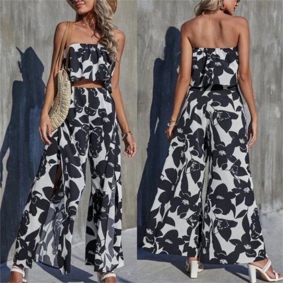 Boho Floral sleeveless Tube Top And Pants Set cottagecore Black White - Picture 2 of 8
